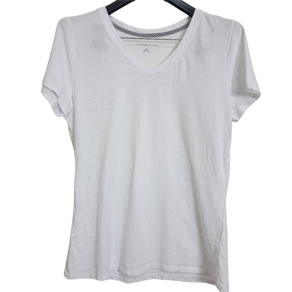 Tommy Hilfiger White 100% Cotton Rippled Textured Logo Basic Short Sleeved Tee M
